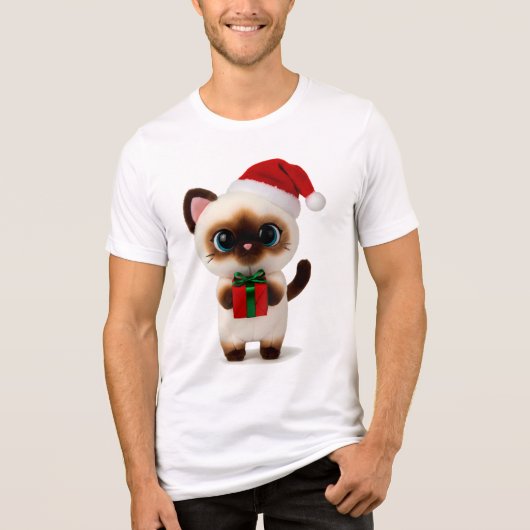 Festive Siamese Cat with Santa Hat and Gift Box Tri-Blend Shirt (Voorkant)