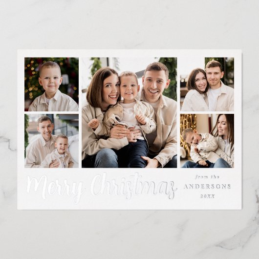 Festive Silver Script 5 Photo Collage Folie Feestdagenkaart (Voorkant)