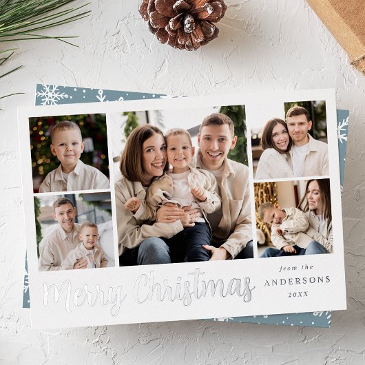 Festive Silver Script 5 Photo Collage Folie Feestdagenkaart