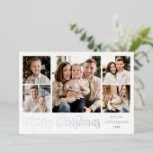 Festive Silver Script 5 Photo Collage Folie Feestdagenkaart (Staand Voorkant)