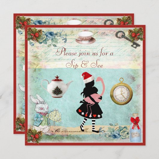 Festive Sip & See Alice & Flamingo Baby shower Kaart (Voorkant / Achterkant)