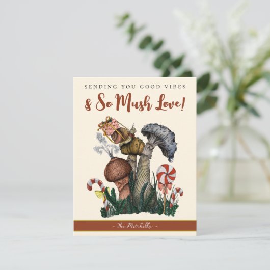 Festive Slak op paddenstoelen Good Vibes Kerstmis  Feestdagenkaart (Staand voorkant)