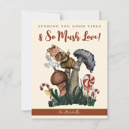 Festive Slak op paddenstoelen Good Vibes Kerstmis Feestdagenkaart (Voorkant)
