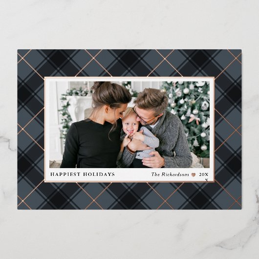 Festive Slate and Roos Gold Tartan Foto Folie Feestdagenkaart (Voorkant)