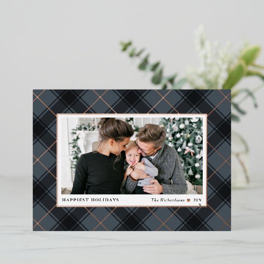 Festive Slate and Roos Gold Tartan Foto Folie Feestdagenkaart (Staand Voorkant)