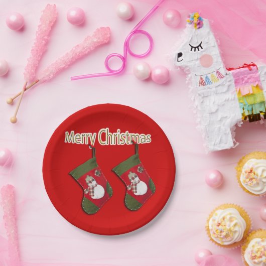 Festive Snowman Kerstmis Stockings Red Papieren Bordje (Feest)