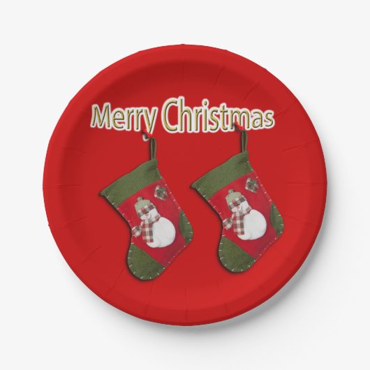 Festive Snowman Kerstmis Stockings Red Papieren Bordje (Voorkant)