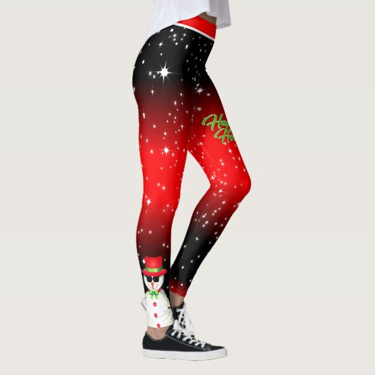 Festive Snowman on Black and Red Starry Holiday Leggings (Rechts)