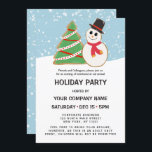 Festive Snowman Tree Cookie Corporate Holiday Kaart<br><div class="desc">Deze leuke en moderne feestelijke uitnodiging van een feestelijke feestdag is perfect voor het winterseizoen. Het bevat een handgetekend rood, wit en groen kerstboomkoekje en zwart wit, en rood sneeuwkoekje bovenop een wit sneeuwbed en vallende sneeuw en periwinkle blauwe hemel. Het is schattig, artsachtig, uniek, en trendy voor de feestdagen!...</div>