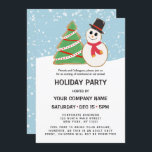 Festive Snowman Tree Cookie Corporate Holiday Kaart<br><div class="desc">Deze leuke en moderne feestelijke uitnodiging van een feestelijke feestdag is perfect voor het winterseizoen. Het bevat een handgetekend rood, wit en groen kerstboomkoekje en zwart wit, en rood sneeuwkoekje bovenop een wit sneeuwbed en vallende sneeuw en periwinkle blauwe hemel. Het is schattig, artsachtig, uniek, en trendy voor de feestdagen!...</div>
