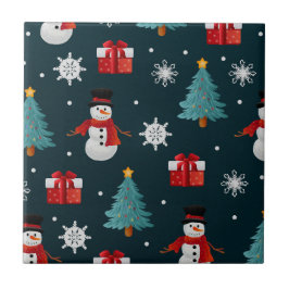 Festive Snowmen Christmas Trees and Gifts Pattern Tegeltje