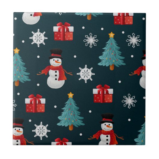 Festive Snowmen Christmas Trees and Gifts Pattern Tegeltje (Voorkant)