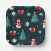 Festive Snowmen Christmas Trees Holiday Gift Sqr Papieren Bordje (Voorkant)