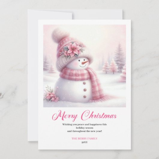 Festive snowy pink snowman kids greeting card edit feestdagenkaart (Voorkant)