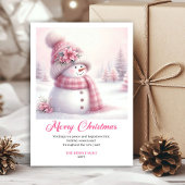 Festive snowy pink snowman kids greeting card edit feestdagenkaart