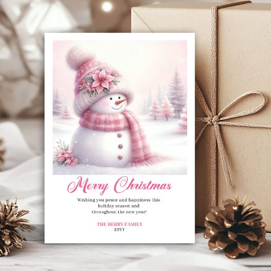 Festive snowy pink snowman kids greeting card edit feestdagenkaart