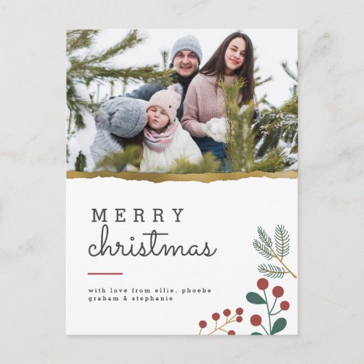 Festive Sprigs & Gold Rip | Kerstafoto Merry Briefkaart (Voorkant)