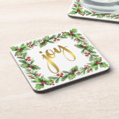 Festive Square Holly Wreath - Faux Gold JOY Bier Onderzetter (Linkerzijde)