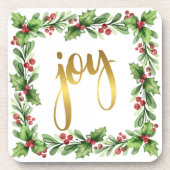 Festive Square Holly Wreath - Faux Gold JOY Bier Onderzetter (Voorkant)