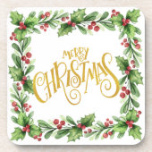 Festive Square Holly Wreath - Gold Merry Kerstmis Bier Onderzetter (Voorkant)