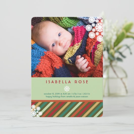 Festive Stripes Holiday Foto geboorteaankondiging Feestdagenkaart (Staand voorkant)