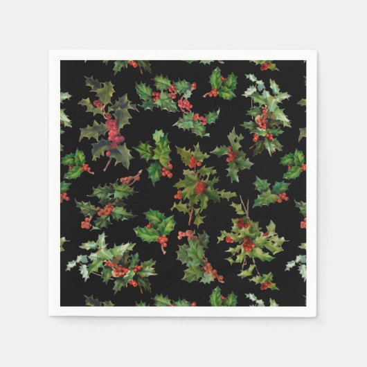 Festive  Style Holly-Black Achtergrond Servet (Voorkant)