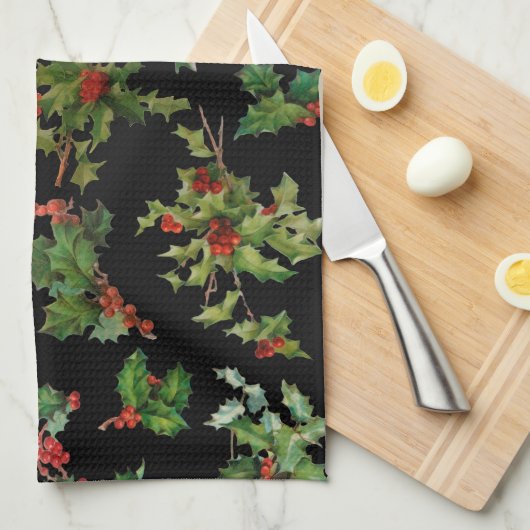 Festive  Style Holly-Black Achtergrond Theedoek (Quarter Fold)