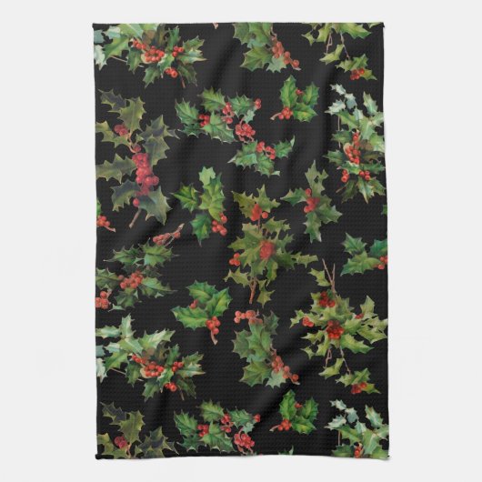 Festive Style Holly-Black Achtergrond Theedoek (Verticaal)