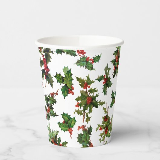Festive Style Holly-White Background Papieren Bekers (Links)