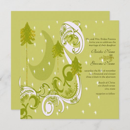 Festive Swirl Moon Tree Square Wedding Invitation Kaart (Voorkant / Achterkant)