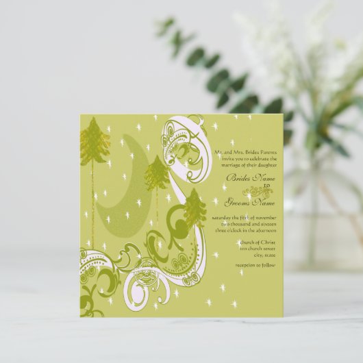Festive Swirl Moon Tree Square Wedding Invitation Kaart (Staand voorkant)