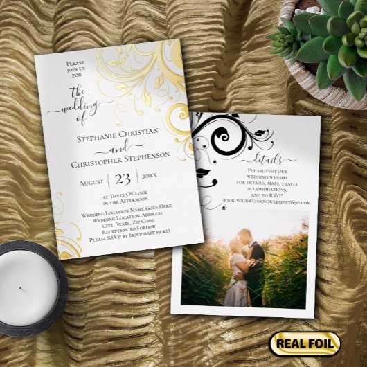 Festive Swirls and Leaves Photo on Back Wedding Folie Uitnodiging