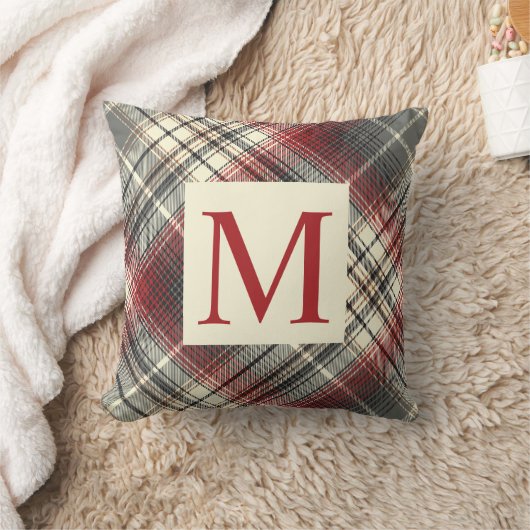 Festive Tartan Grey Red Monogram initiaal Kussen (Deken)