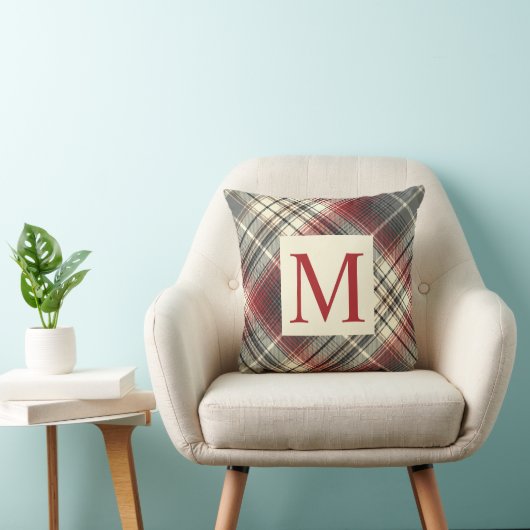 Festive Tartan Grey Red Monogram initiaal Kussen (Stoel)