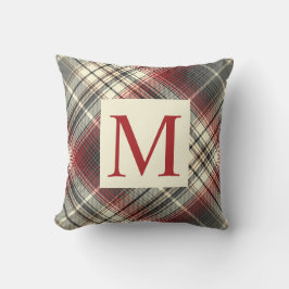 Festive Tartan Grey Red Monogram initiaal Kussen