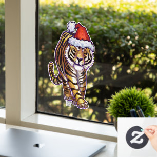 Festive tijger in een Santa Hat Window Cling Raamsticker