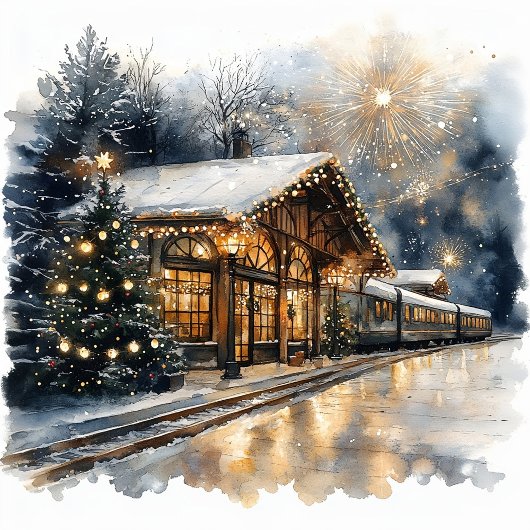 Festive Train Station with Fireworks and New Year  Feestdagenkaart