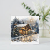 Festive Train Station with Fireworks and New Year  Feestdagenkaart (Staand voorkant)