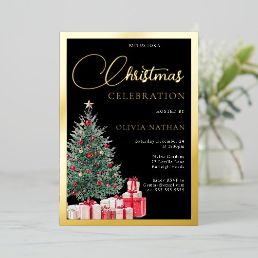 Festive Tree Black Office Christmas Party Gold Folie Uitnodiging (Staand Voorkant)