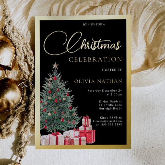 Festive Tree Black Office Christmas Party Gold Folie Uitnodiging