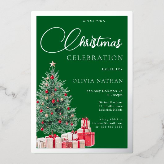 Festive Tree Christmas Party Green & Silver Folie Uitnodiging (Voorkant)