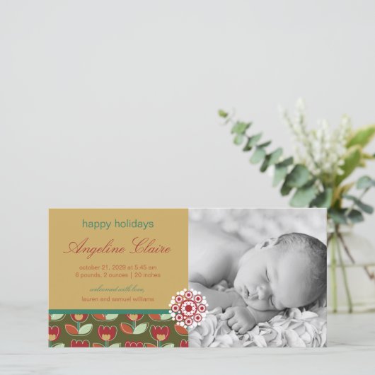 Festive Tulip Holiday Foto geboorteaankondiging Feestdagenkaart (Staand voorkant)