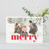 Festive Typography Red Merry Christmas 2 Photo Feestdagenkaart (Staand voorkant)