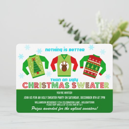 Festive Ugly kerstSweater Party Invitation Kaart (Staand voorkant)