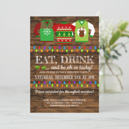 Festive Ugly kerstSweater Party Invitation Kaart (Staand voorkant)