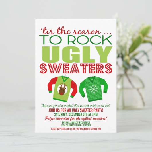 Festive Ugly KerstSweaters Party Invitation Kaart (Staand voorkant)