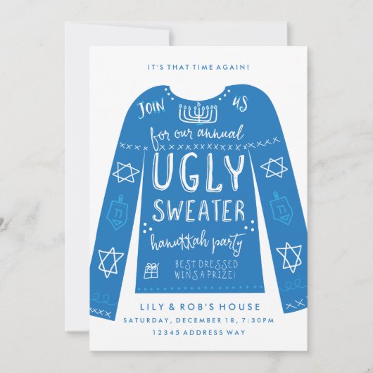 Festive Ugly Sweater Hanukkah Party-uitnodigingen Kaart (Voorkant)