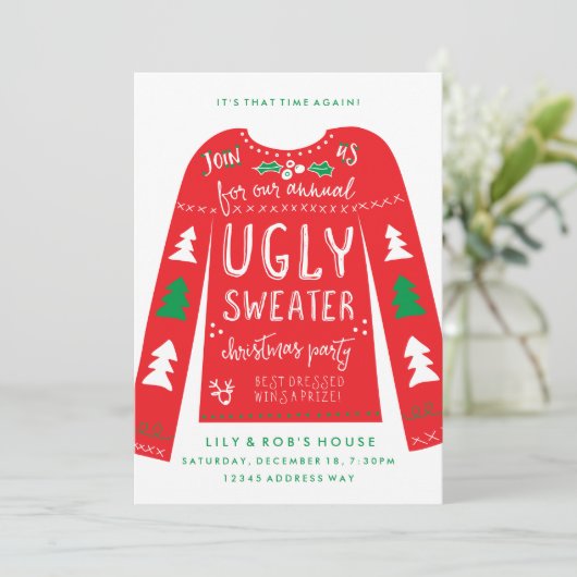 Festive Ugly Sweater Kerstparty Uitnodigingen (Staand voorkant)