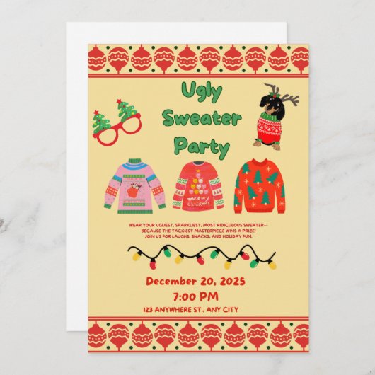 Festive Ugly Sweater Party Invitation Kaart (Voorkant / Achterkant)