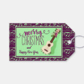 Festive Ukulele Bows and Berries Merry Kerstmis Cadeaulabel (Voorkant (Horizontaal))